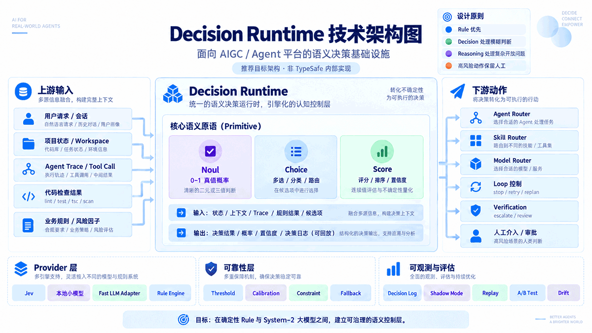 图 3：Decision Runtime 将 Contract、Provider、可靠性策略和回放评估收敛在内部，避免业务控制逻辑直接锁定单一模型。